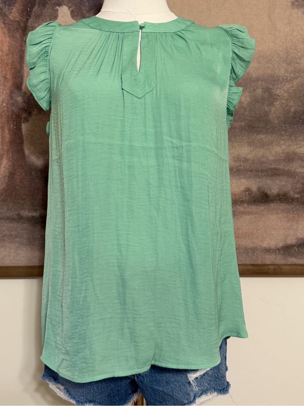 Ruffled Cap-Slee Seafoam Green Camisole Top